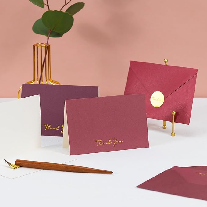 Crisky Burgundy Red Thank You Cards with Envelopes & Stickers， 50 Pack Bridal Shower Graduation Thank You Cards Small Business, Wedding Baby Shower Birthday Funeral Notes Bulk