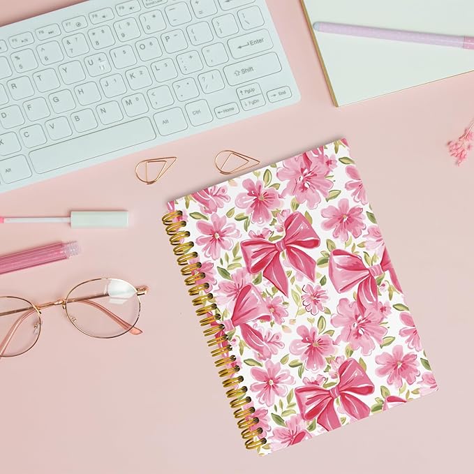 Coquette Pink Bow Floral Spiral Notebook For Women, Maximalist Journaling Notebooks, Cute Pink Notebook Journal, Pink Office Supplies, Hardcover Spiral Lined Notebook 5.5 x 8.3