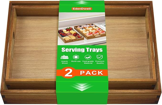 Serving Trays - 2 Pack, Acacia Wood Serving Platters with Ergonomic Handles, Versatile Rustic Decorative Trays for Breakfast, Brunch, Dinner, Coffee Table, Party, Kitchen-M
