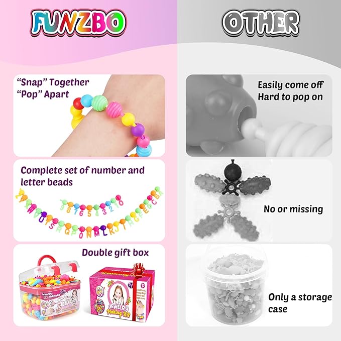 FUNZBO 520+ Snap Pop Beads - Jewelry Making Kit for Kids, Arts and Crafts for Kids Ages 4-8, Toys for 3 4 5 6 Years Old Girls Christmas Birthday Gifts Ideas, Bracelet Necklace Ring Snap Set for Girls