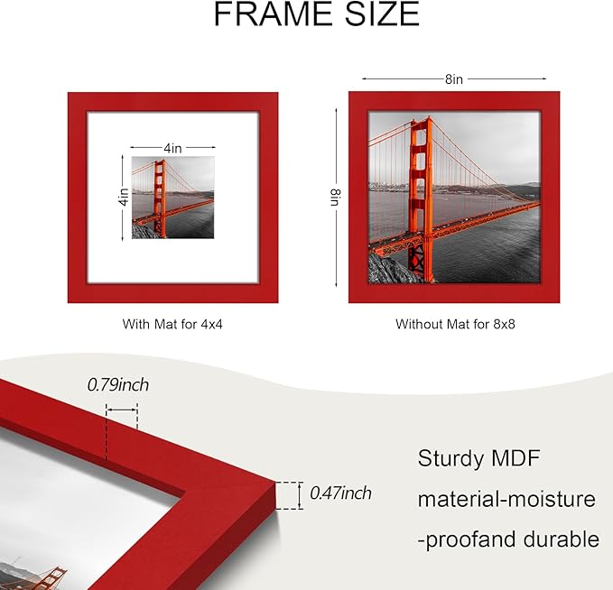 8x8 Picture Frame Set of 9, Photo Gallery Wall Frame Set, Display Pictures 4 x 4 with Mat or 8x8 Without Mat, Square Frame Picture Frames Collage Wall Decor, Red