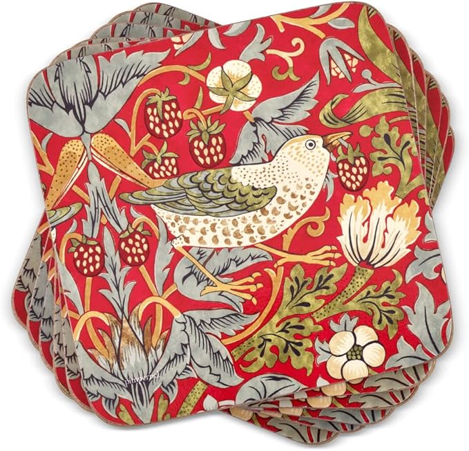 Pimpernel Morris & Co Strawberry Thief Red Coasters, Set of 6 - Stain Resistant & Heat Safe Fabric-Feel Square Coasters with Birds & Botanical Pattern for Stylish Dining & Entertaining