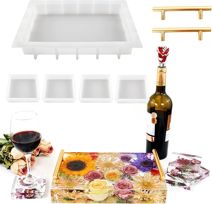 Resin Tray Molds Silicone - 13.5" Large Deep Rectangle Molds for Resin with 4pcs Coasters and Flowers Preservation Epoxy Art Making