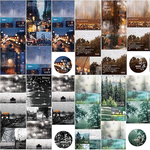 4 Rolls Washi Tape Set Dark Cloudy Rainy Day Landscape Scrapbook Tape Pretty PET Tape Stickers for Journaling Junk Journal Decorative Tapes for Crafts, Vintage Washi Stickers Scrapbooking Supplies