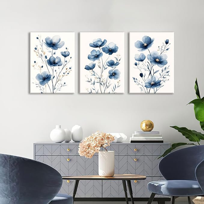 okudolit Navy Blue Wildflower Framed Canvas Wall Art Set Of 3 Flowers Pictures Prints Flowers Printing Floral Watercolors Flower wall Decor Living Room Bedroom Dinning Room Farmhouse Office-16 x24in
