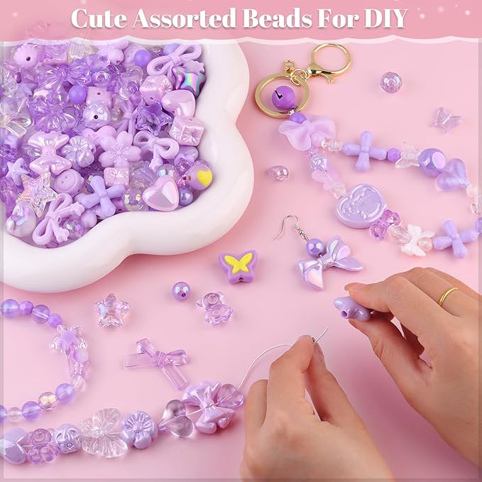 200-260PCS TINKRSTUFF Assorted Acrylic Beads Purple Cute Beads for Bracelet Making, Bow Flower Butterfly GummyBear Kawaii Charms, Aesthetic Bead for Necklace Keychain Jewelry Making DIY Phone Charm