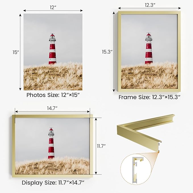 12x15 Aluminum Metal Picture Frame,Tempered Glass Gold Photo Frame 12x15 for Family Photo,Posters,Art,Document to Wall Mount Horizontally or Vertically