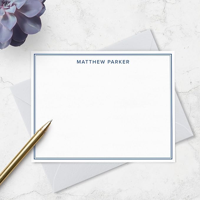 Personalized Note Cards Stationery for Men with Name and Border - Custom Stationary Set with Envelopes - Flat A2 Custom Notecards, Choose Your Colors and Set Size (Double Border Modern Font)