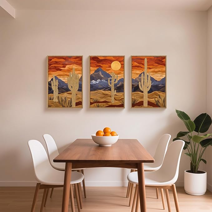HPNIUB Mountains Desert Framed Canvas Wall Art Set, Abstract Sun Art Prints, Modern Cactus Paintings Artwork, Mid Century Southwestern Landscape Wall Decor for Living Room, Bedroom, Office-24 x36 x3