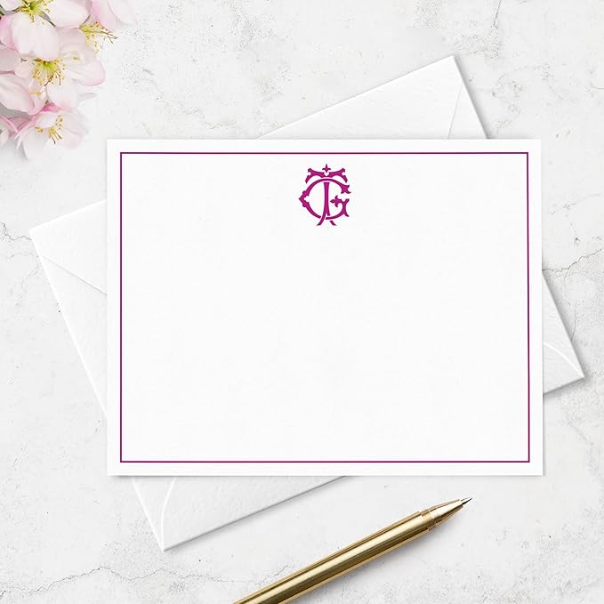Fairmont & Grove Chic Interlocking 2 Letter Monogram Note Card and Envelope Stationery Set, Classic Monogrammed Personalized Stationary in Choice of Set Size and Colors (Monogram with Single Border)