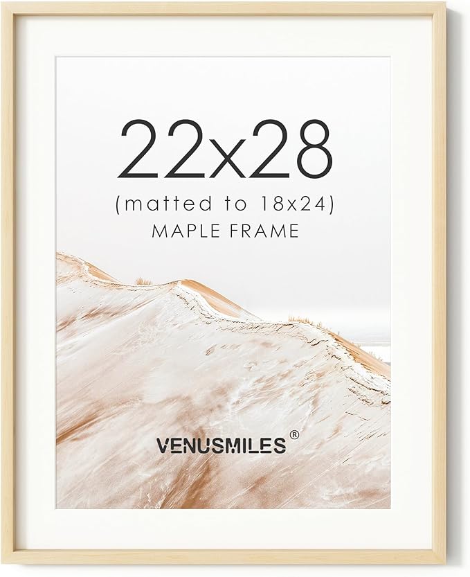 22x28 Poster Frame, USA-Sourced Natural Maple Wood Picture Collage Frame with HD Tempered Glass, Modern Simple 22 x 28 Wooden Photo Frame Matted to 18x24, Vertical & Horizontal Wall Hanging Display