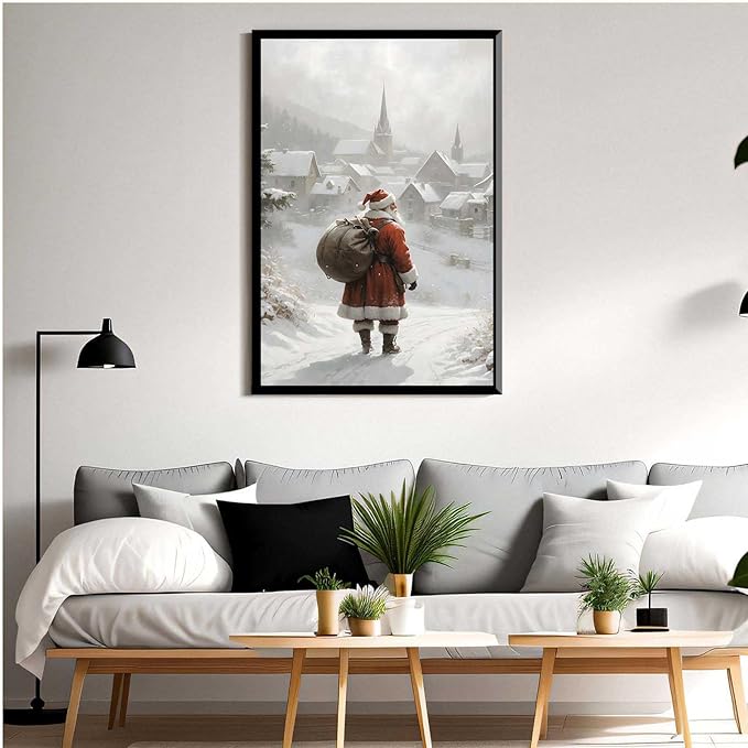Framed Canvas Wall Art Vintage Santa Claus Wall Art Farmhouse Christmas Print Festive Holiday Home Decor Santa Claus Painting 16x24in Metal blackFramed
