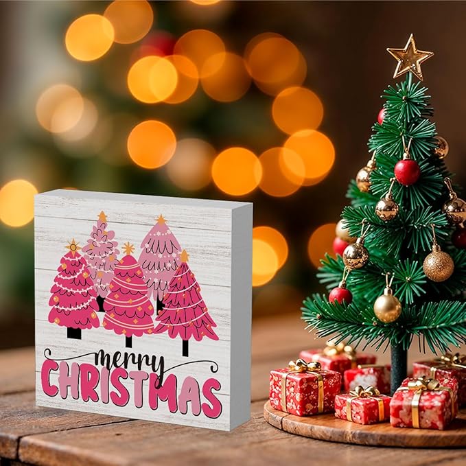 WRSUNT Rustic Pink Merry Christmas Wall House Decor Wood Box Sign, Farmhouse Christmas Santa Artwork Decor, Wood Square Sign Desk Block Signs Home Shelf Office Decoration 5 x 5 Inches