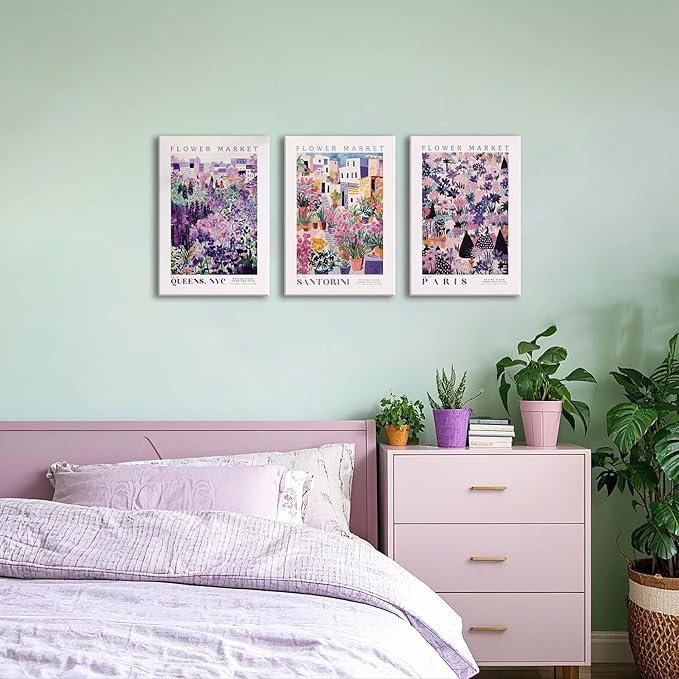 XLARTMY Flower Market Wall Art Prints Canvas Purple and Pink Floral Paintings Colorful Botanical Travel Flower Posters for Home Decor Pictures Set of 3 for Living Room Bedroom 16x24in