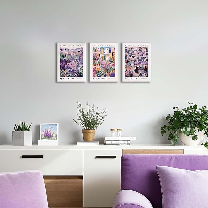 XLARTMY Flower Market Wall Art Prints Canvas Purple and Pink Floral Paintings Colorful Botanical Travel Flower Posters for Home Decor Pictures Set of 3 for Living Room Bedroom 12x16in