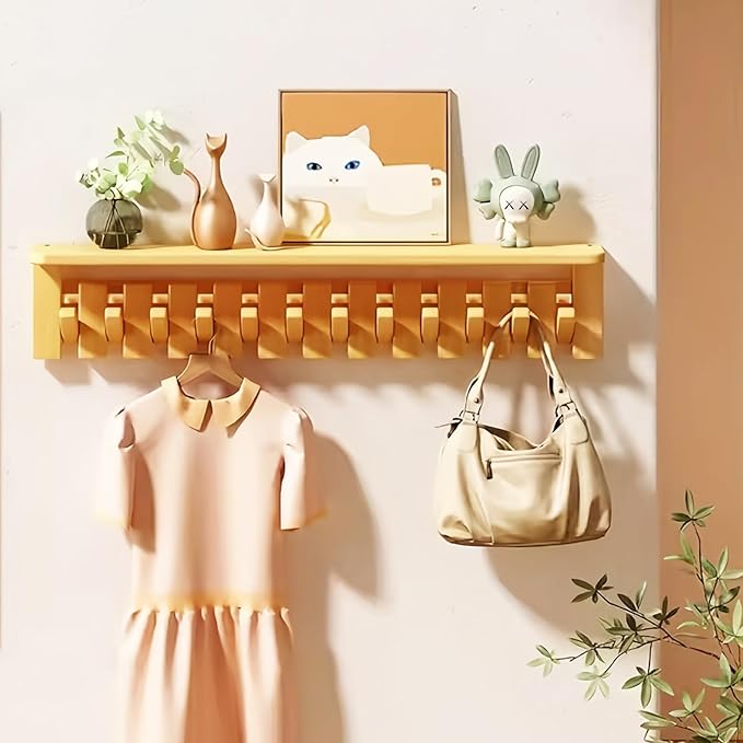 Wall Mounted Coat RackHooks Piano Key Hangers Natural Solid Wood Hanger Non-Woven Fabric Clothes Hangers for Closet, Kitchen, Bedroom, Bathroom, Entryway (Tray-Walnut, 12 Hooks)