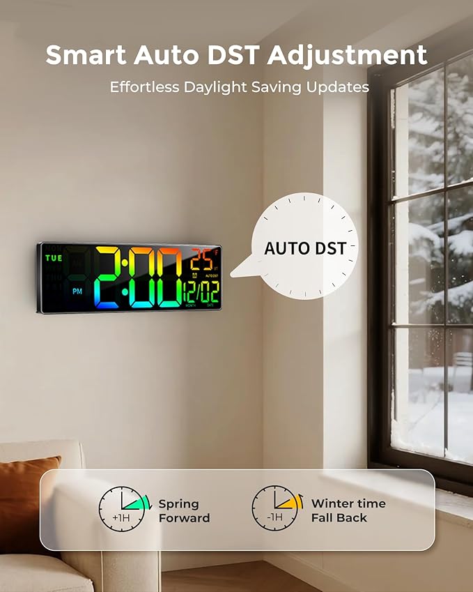 16.5" Large Digital Wall Clock with BT Sync, RGB Lights with 11 Scenes Mode Remote Control, Big LED Clock with Dual Alarms, Auto DST, Temperature for Classroom Gaming