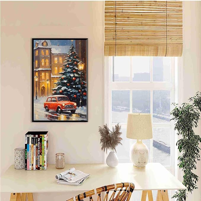 Framed Canvas Wall Art Snowy Christmas tree and red car art print Christmas in the city classic timeless red car snow cosy winters day 16x24in Metal blackFramed