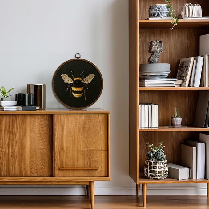 KLYTINK Vintage Bee Round Wall Art,Botanical Insect Canvas Print with Frame, Bee Dark Floral Naturalist Decor for Kitchen, Study, or Bedroom 10''x10'' (bee-01)