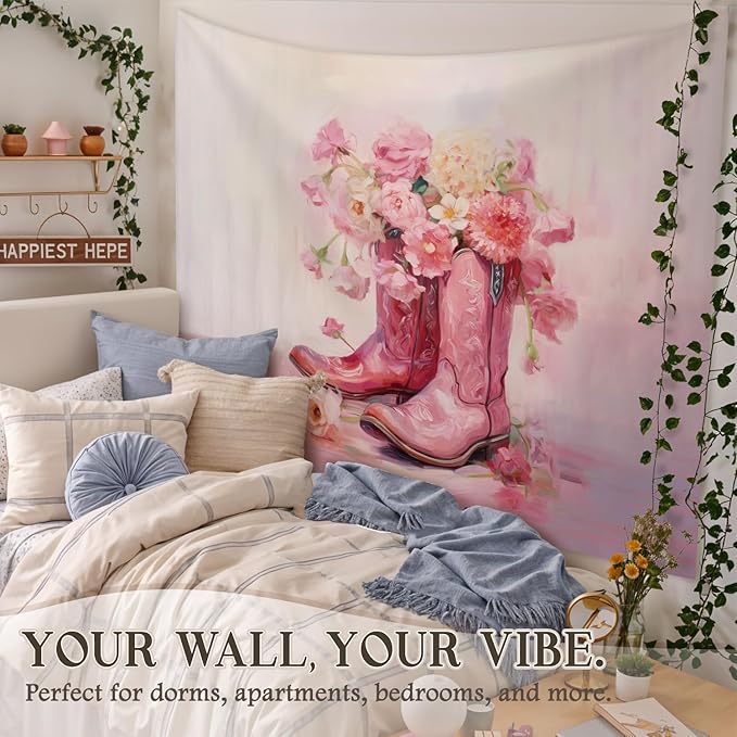 STHTTSW Floral Cowgirl Boot Tapestry, Preppy Pink Tapestries Wall Blanket, Girly Aesthetic Wall Hanging Decor for Teen Girl Women College Dorm Apartment Bedroom, 50x60 Inch