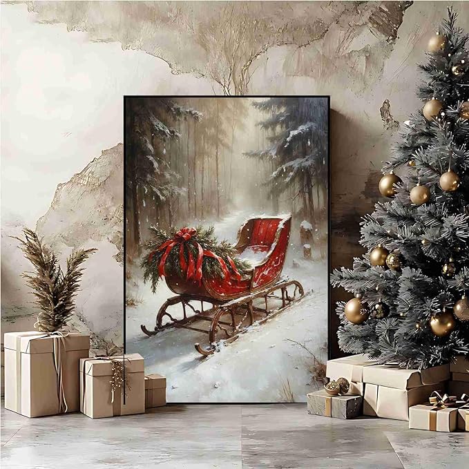 Vintage Christmas Canvas Wall Art Holiday Ride Painting Snowy Woodland Print Classic Sleigh Wall Decor Rustic Landscape Poster Indoor Decor for Offices Living Room Winter Holiday Framed Ready to Hang