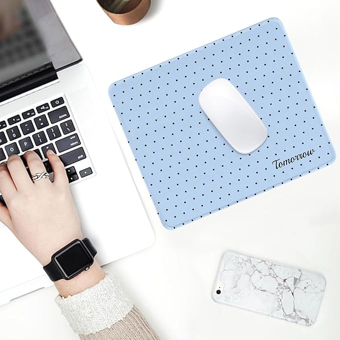 Seorsok Baby Blue Mouse Mat,Premium Textured Mouse Pads for Office Laptop,Washable Square Mousepads with Extended Stitched Edges Non Slip Rubber Base 9.5"x7.8"x0.12"Inch,Black Polka Dot Design