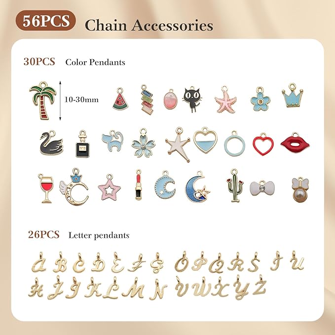 14K Gold Necklace Chain Kit for Jewelry Making, 20 Feet DIY Bracelet Chains with Jump Rings, Lobster Clasps, Connectors, Jewelry Pliers, 30 Colorful Graphic Charms & 36 Letter Pendants