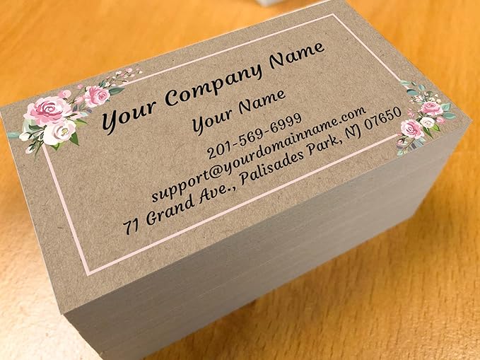 Custom Premium Business Cards 100 pcs Full color - Printed on 16pt(350gsm) or14pt (308gsm) Classic matte paper, Made in The USA (Kraft-Floral)