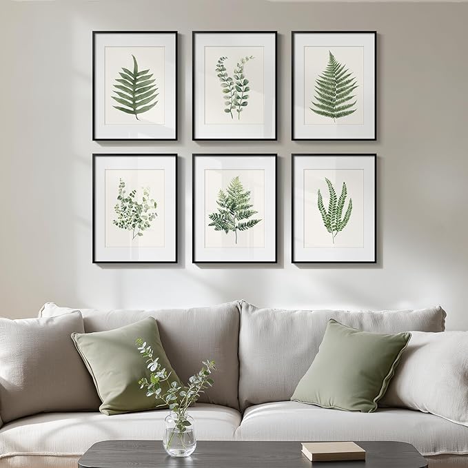 Framed Green Nature Botanical Wall Art, Set of 6 Minimalist Plant Leaf Painting Prints Artwork, Natural Fern Leaves Picture for Modern Farmhouse Living Room Bedroom Bathroom Kitchen Home Decor, 11x14