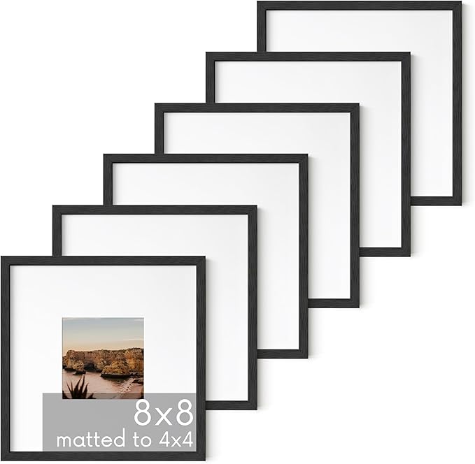 HAUS AND HUES Solid Oak Wood 8”x8” Picture Frames Matted to 4”x4” Set of 6-8 x 8 Picture Frames, Black Frames for Gallery Wall, 8x8 Square Frames, 8x8 Square Black Frames with Mat