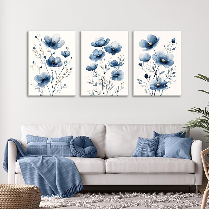 okudolit Navy Blue Wildflower Framed Canvas Wall Art Set Of 3 Flowers Pictures Prints Flowers Printing Floral Watercolors Flower wall Decor Living Room Bedroom Dinning Room Farmhouse Office-16 x24in
