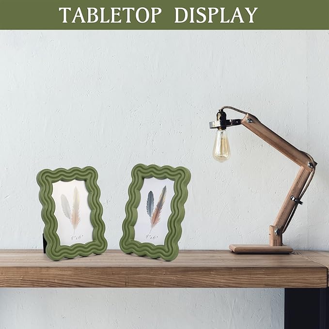 5x7 Picture Frame, Display Pictures 5x7 with Mat, Wavy Edge Wood Photo Frame for Tabletop and Wall Hanging, with Clear Plexiglass for Vertical or Horizontal Display, Green, 1 Pack