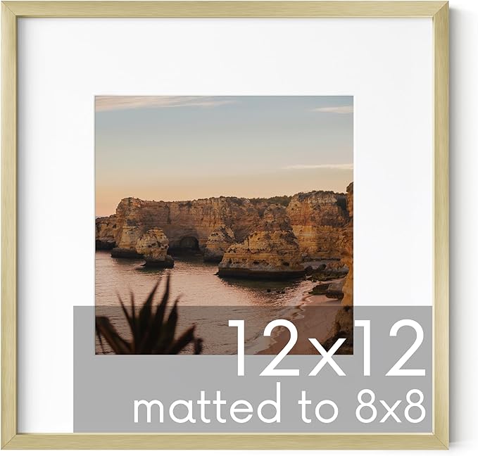 HAUS AND HUES 12x12 Gold Metal Picture Frame Matted to 8x8 - Features Premium Aluminum & Hanging Hardware, Shatterproof Plexiglass - Ideal for Home, Office (12x12 in, Gold, Set of 1)