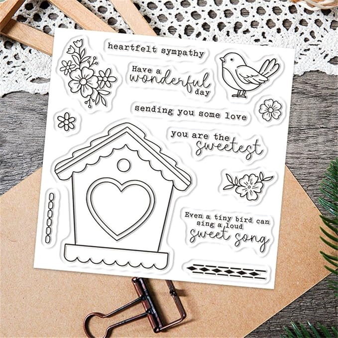 Birdhouse Flower Stamps and Cutting Dies for Card Making DIY Transparent Silicone Clear Stamp and Metal Die Cuts Sets for Scrapbooking Paper Greeting Cards Decor Seals Craft Supplies