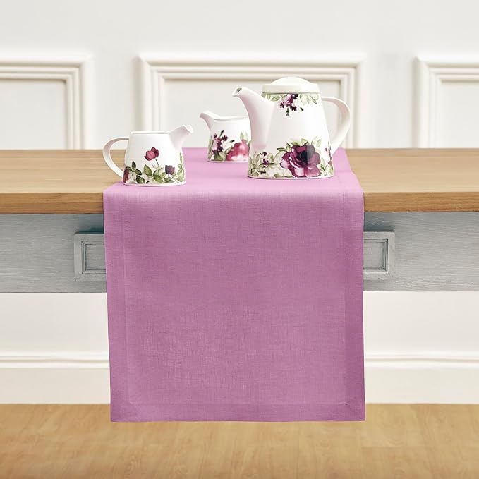 Solino Home Linen Violet Table Runner 60 Inches - 100% Pure Linen Farmhouse Short Table Runner 14 x 60 Inch Ideal for Dresser and Coffee Tables - Spring, Easter, Valentines - Fete
