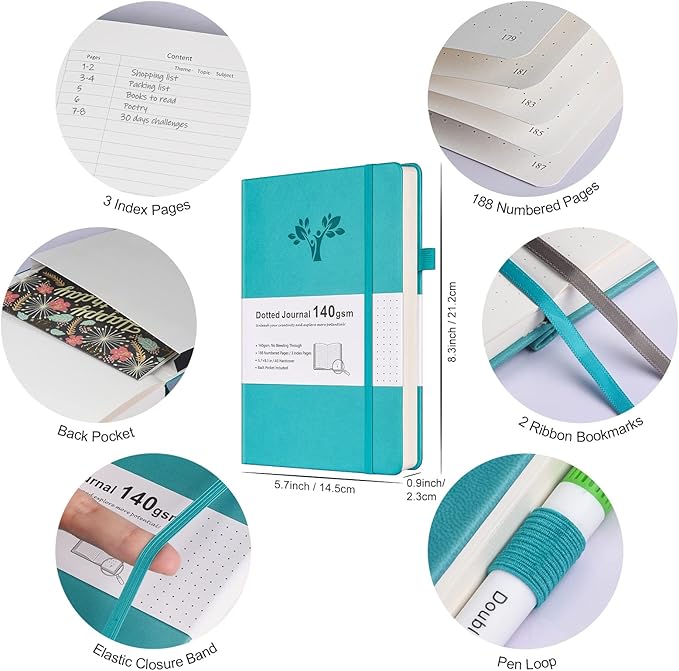 Bullet Dotted Journal Kit, 140gsm Hardcover A5 Dotted Journal with 188 Numbered Pages and 3 Index, 12 Brush Pens Dual Tip, 10 Stencils and 14 Washi Tape for Women Men Teen Girls, Teal