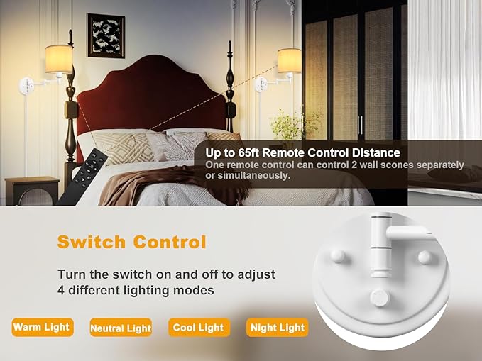 Plug in Wall Sconces with Remote Control, Dimming, Adjustable Colors 2700K-6500K, Hardwire or Plug-in, Swing Arm Wall Lamp, Wall Sconces Set of Two, White Fabric Shade, White Finish