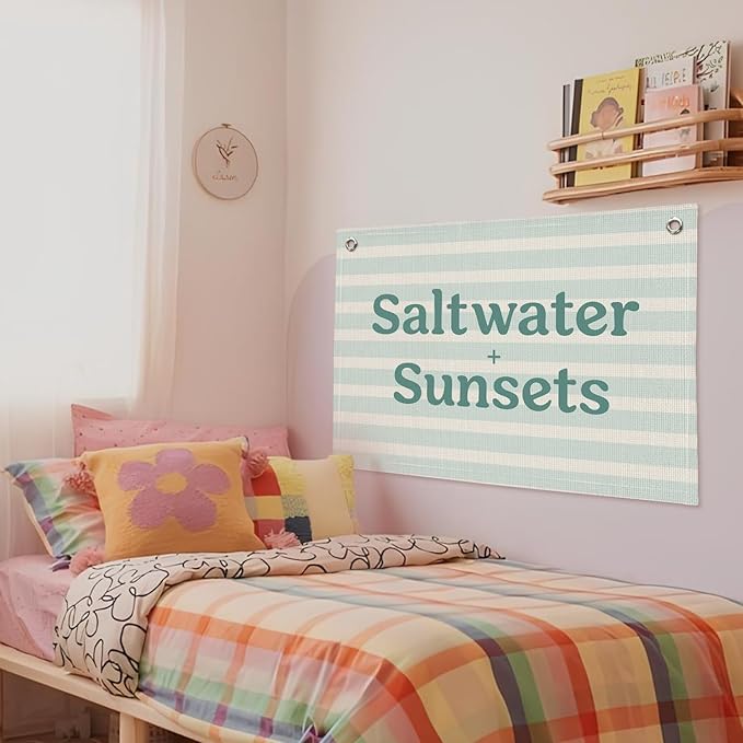 Beach Room Decor, Coastal Surf Banner, Saltwater Sunsets Linen Canvas Banner Wall Hanging Flag Decor for Toddler Boy Room Nursery Playroom