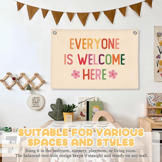 Girls Room Wall Decor,Everyone Is Welcome Here Linen Canvas Banner,Boho Classroom Wall Hanging Flag, Therapy Office Calming Corner Decor,Kids Room Playroom Wall Art,Mental Health Decor,20x30