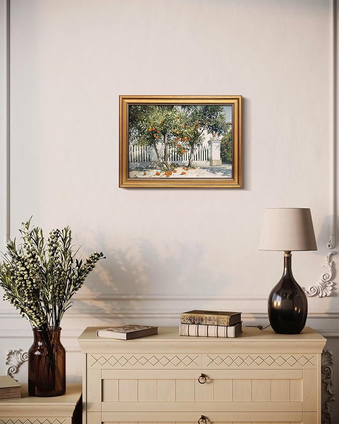 Bzstyleart Vintage Wall Art Decor for Living Room,Gold Framed Canvas Wall Art Home Decor Aesthetic,Orange Courtyard Prints,Canvas Picture Print Artwork,12 x 16 Inch