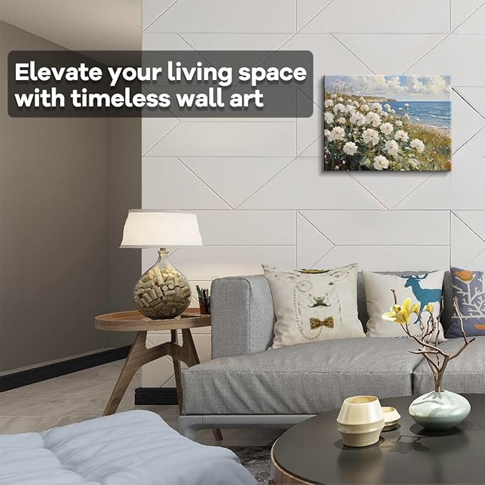 Vintage Coastal Wall Art – 15x12 Inch White Flowers by the Sea Print – Seaside Cottagecore Landscape Poster – Frameless Laminated Paper with Hanging & Tabletop Display