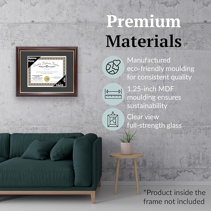Creative Picture Frames 14x16 Mahogany Gold Rim Diploma Frame with Black Mat Glass and Installed Wall Hangers | Frame Holds 16x20 Media without Mat