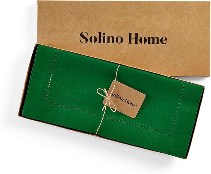 Solino Home Linen Garden Green Table Runner 144 Inches Long - 100% Pure Linen Extra Long Table Runner 14 x 144 Inch for Winter, St Patricks Day, Easter - Classic Hemstitch