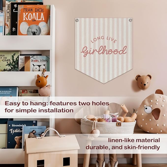 Lacama Girls Room Decor, Long Live Girlhood Linen Banner Hanging Flag Retro Pink Banner for Nursery Playroom Wall Decor for Kids Bedroom Dorm Toddler Decorations Trendy Room Decor 12.4x14 in