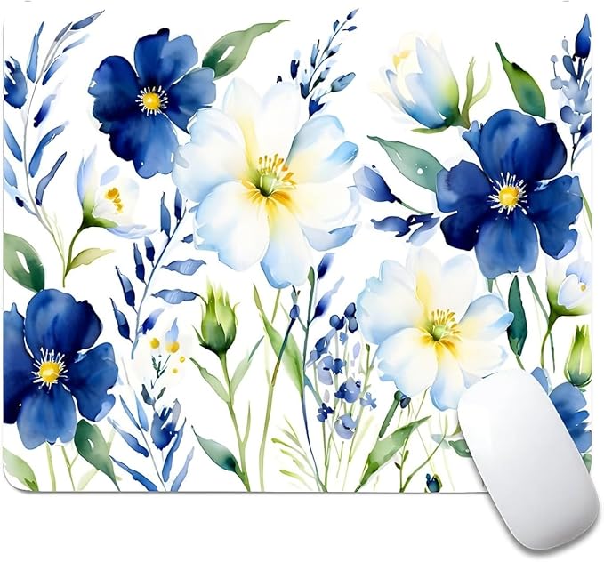 Square Mouse Pad White Blue Flowers 1, Personalized Premium-Textured Custom Mouse Mat Design, Washable Mousepad Cloth, Non-Slip Rubber Base Computer Mouse Pads for Wireless Mouse