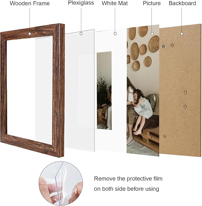 8x10 Picture Frame Set of 9, Display Pictures 5x7 with Mat or 8 x 10 Without Mat, Multi Photo Frames for Wall Mounting or Table Top Display, Rustic Brown