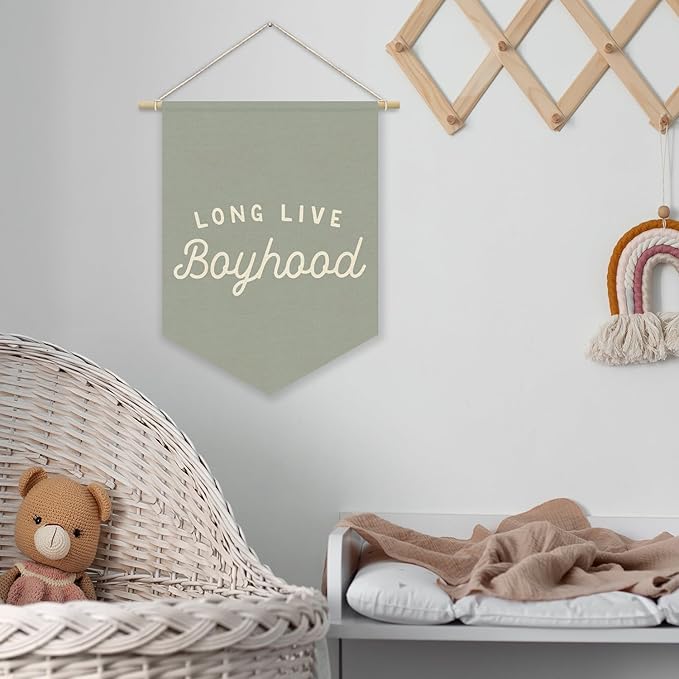 Blue Boy Room Decor,Long Live Boyhood Canvas Banner Nursery Playroom Wall Decor for Boys Bedroom Toddler Decorations Teen Boy Room Decor,Playroom Decor Wall Hanging Flag 15x11 Inch（Haze Blue)