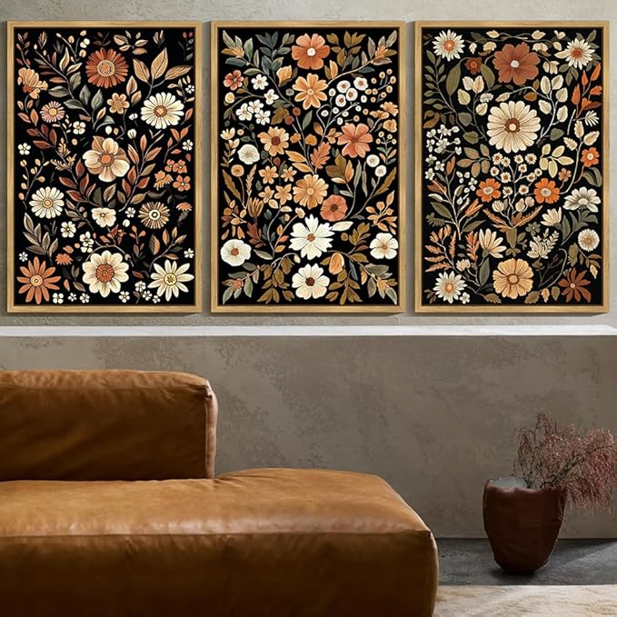 KUVIOKE Orange Vintage Flower Framed Wall Art Boho Floral Wall Decor Retro Wildflower Modern Art Prints Bedroom Living Room Home Decor 24x36in (Natural Framed)