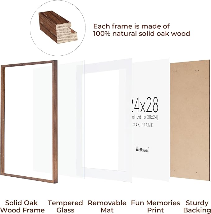 24x28 Picture Frame, Solid Oak Wood Frames 24 by 28, Rustic Wood Poster Frame 24"x28", 24x28 Frame with Mat for 20x24, 24 x 28 Frame with Tempered Real Glass (Walnut Color, 1 Pack)