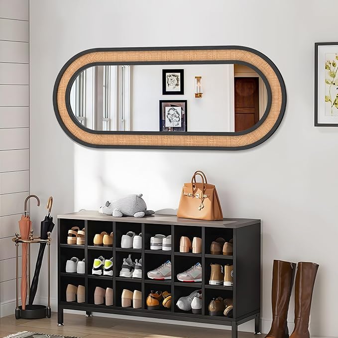 Rattan Wall Mirror with Wooden Framed Black Oval Bathroom Mirror 20 X 48 inch Farmhouse Wood Mirror for Modern Decorative Bathroom, Living Room, Entryway, Bedroom